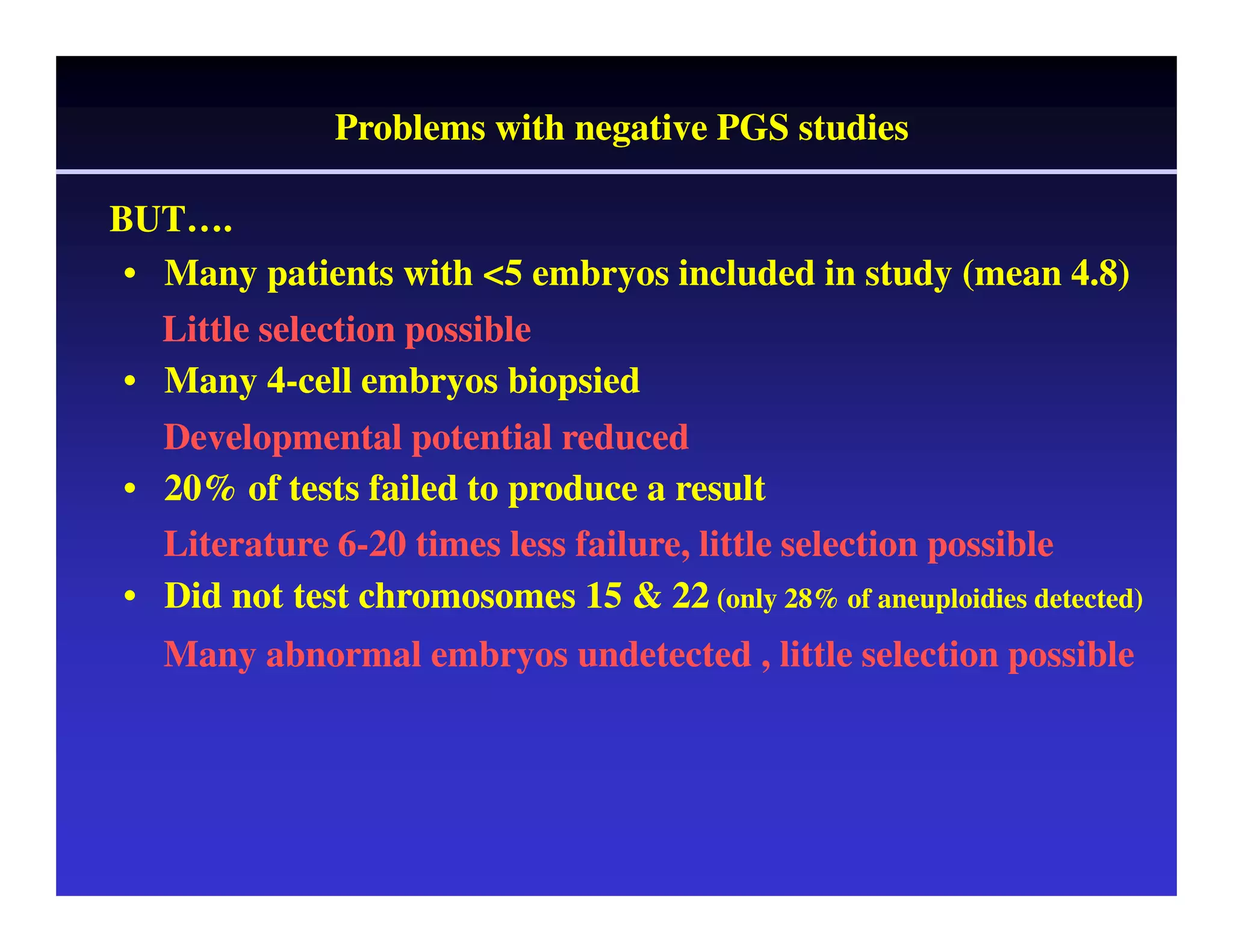 Problems with negative PGS studies 
BUT……. 
• Many patients with <5 embryos included in study (mean 4.8) 
Little selection possible 
• Many 4-cell embryos biopsied 
Developmental potential reduced 
• 20% of tests failed to produce a result 
Literature 6-20 times less failure, little selection possible 
• Did not test chromosomes 15 & 22 (only 28% of aneuploidies detected) 
Many abnormal embryos undetected , little selection possible 
 