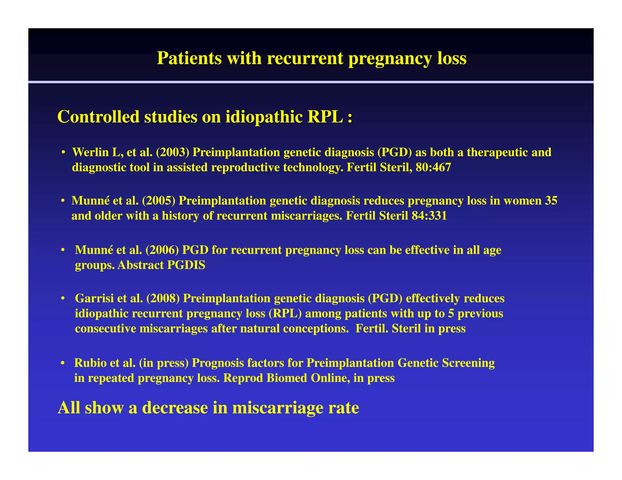 Patients with recurrent pregnancy loss 
Controlled studies on idiopathic RPL : 
• Werlin L, et al. (2003) Preimplantation genetic diagnosis (PGD) as both a therapeutic and 
diagnostic tool in assisted reproductive technology. Fertil Steril, 80:467 
• Munné et al. (2005) Preimplantation genetic diagnosis reduces pregnancy loss in women 35 
and older with a history of recurrent miscarriages. Fertil Steril 84:331 
• Munné et al. (2006) PGD for recurrent pregnancy loss can be effective in all age 
groups. Abstract PGDIS 
• Garrisi et al. (2008) Preimplantation genetic diagnosis (PGD) effectively reduces 
idiopathic recurrent pregnancy loss (RPL) among patients with up to 5 previous 
consecutive miscarriages after natural conceptions. Fertil. Steril in press 
• Rubio et al. (in press) Prognosis factors for Preimplantation Genetic Screening 
in repeated pregnancy loss. Reprod Biomed Online, in press 
All show a decrease in miscarriage rate 
 