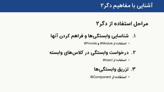 ‫دگر‬ ‫مفاهیم‬ ‫با‬ ‫آشنایی‬۲
.‫شناسایی‬ ۱‫وابستگی‬‫ها‬‫آنها‬ ‫کردن‬ ‫فراهم‬ ‫و‬
•‫از‬ ‫استفاده‬@Module‫و‬@Provide
.‫در‬ ‫وابستگی‬ ‫درخواست‬ ۲‫کالس‬‫های‬‫وابسته‬
•‫از‬ ‫استفاده‬@Inject
.‫تزریق‬ 3‫وابستگی‬‫ها‬
•‫از‬ ‫استفاده‬@Component
‫دگر‬ ‫از‬ ‫استفاده‬ ‫مراحل‬۲
 