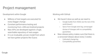 Confidential + Proprietary
Development within Google
● Millions of test targets are executed for
every Dagger change
● Constant performance testing and
monitoring from JVM and Android projects
● New APIs are developed against a huge,
searchable repository of real usages
● It is an invaluable, proven model from which
we have gotten projects like Guava
Working with GitHub
● We haven't done as well as we need to
○ Google builds from HEAD, but the rest of the
world doesn't
○ Syncs from Google were big, unmanaged
dumps of changes with no compatibility
guarantees
● New release policy makes sure that there is
a versioned release about every 2 weeks
○ Cultivated change log
○ Compatibility guarantees
Project management
 