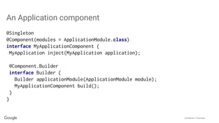 Confidential + Proprietary
An Application component
@Singleton
@Component(modules = ApplicationModule.class)
interface MyApplicationComponent {
MyApplication inject(MyApplication application);
@Component.Builder
interface Builder {
Builder applicationModule(ApplicationModule module);
MyApplicationComponent build();
}
}
 
