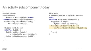 Confidential + Proprietary
@ActivityScoped
@Subcomponent(
modules = ActivityModule.class)
interface MainActivitySubcomponent {
MainActivity injectMainActivity(
MainActivity activity);
@Subcomponent.Builder
interface Builder {
Builder activityModule(
ActivityModule activityModule);
MainActivitySubcomponent build();
}
}
An activity subcomponent today
@Singleton
@Component(modules = ApplicationModule.
class)
interface MyApplicationComponent {
MyApplication inject(
MyApplication application);
MainActivitySubcomponent.Builder
newMainActivitySubcomponentBuilder();
/* … */
}
 