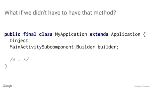 Confidential + Proprietary
What if we didn't have to have that method?
public final class MyAppication extends Application {
@Inject
MainActivitySubcomponent.Builder builder;
/* … */
}
 