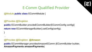 E-Comm Qualified Provider
@Module public class ECommModule {
@Provides @Singleton
public ECommBuilder provideECommBuilder(ECommConfig config){
return new ECommManagerBuilder().setConfig(config);
}
...
@Provides @Singleton @Amazon
public ECommManager providesAmazonEComm (ECommBuilder builder,
AmazonPayments amazonPayments)
 