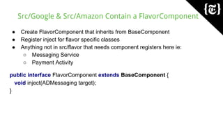 Src/Google & Src/Amazon Contain a FlavorComponent
● Create FlavorComponent that inherits from BaseComponent
● Register inject for flavor specific classes
● Anything not in src/flavor that needs component registers here ie:
○ Messaging Service
○ Payment Activity
public interface FlavorComponent extends BaseComponent {
void inject(ADMessaging target);
}
 