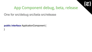 App Component debug, beta, release
One for src/debug src/beta src/release
public interface ApplicationComponent {
}
 