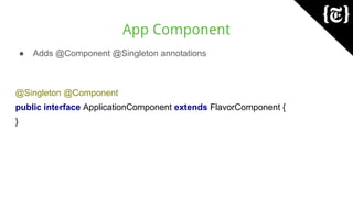 App Component
● Adds @Component @Singleton annotations
@Singleton @Component
public interface ApplicationComponent extends FlavorComponent {
}
 