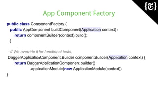 App Component Factory
public class ComponentFactory {
public AppComponent buildComponent(Application context) {
return componentBuilder(context).build();
}
// We override it for functional tests.
DaggerApplicationComponent.Builder componentBuilder(Application context) {
return DaggerApplicationComponent.builder()
.applicationModule(new ApplicationModule(context)}
}
 