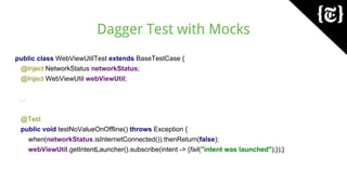 Dagger Test with Mocks
public class WebViewUtilTest extends BaseTestCase {
@Inject NetworkStatus networkStatus;
@Inject WebViewUtil webViewUtil;
…
@Test
public void testNoValueOnOffline() throws Exception {
when(networkStatus.isInternetConnected()).thenReturn(false);
webViewUtil.getIntentLauncher().subscribe(intent -> {fail("intent was launched");});}
 
