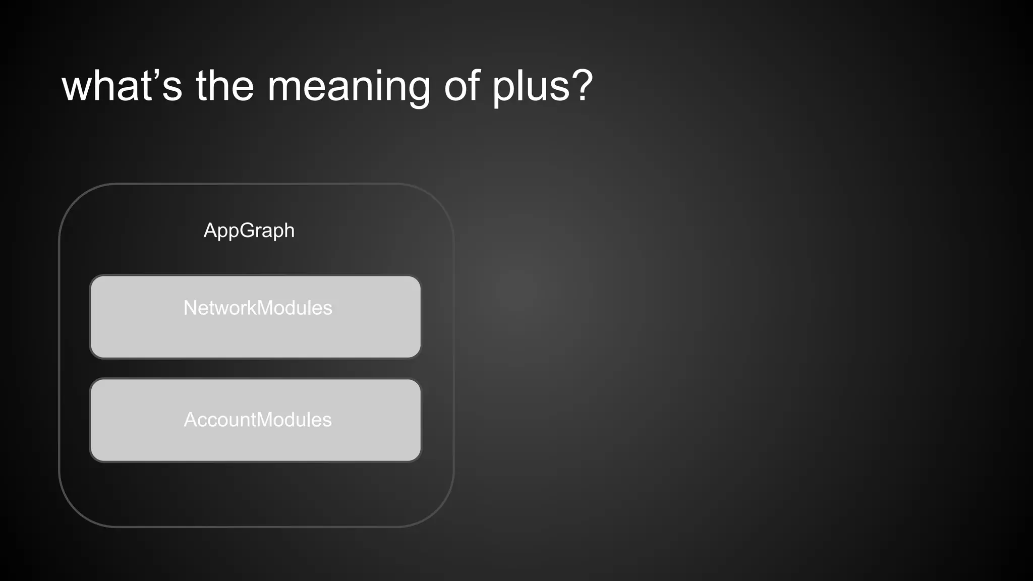 what’s the meaning of plus? 
AppGraph 
NetworkModules 
AccountModules 
 