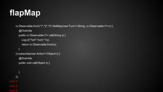 flapMap 
rx.Observable.from("1","2","3").flatMap(new Func1<String, rx.Observable<?>>() { 
@Override 
public rx.Observable<?> call(String s) { 
Log.d("Ted","num "+s); 
return rx.Observable.from(s); 
} 
}).subscribe(new Action1<Object>() { 
@Override 
public void call(Object o) { 
} 
}); 
num 1 
num 2 
num 3 
 