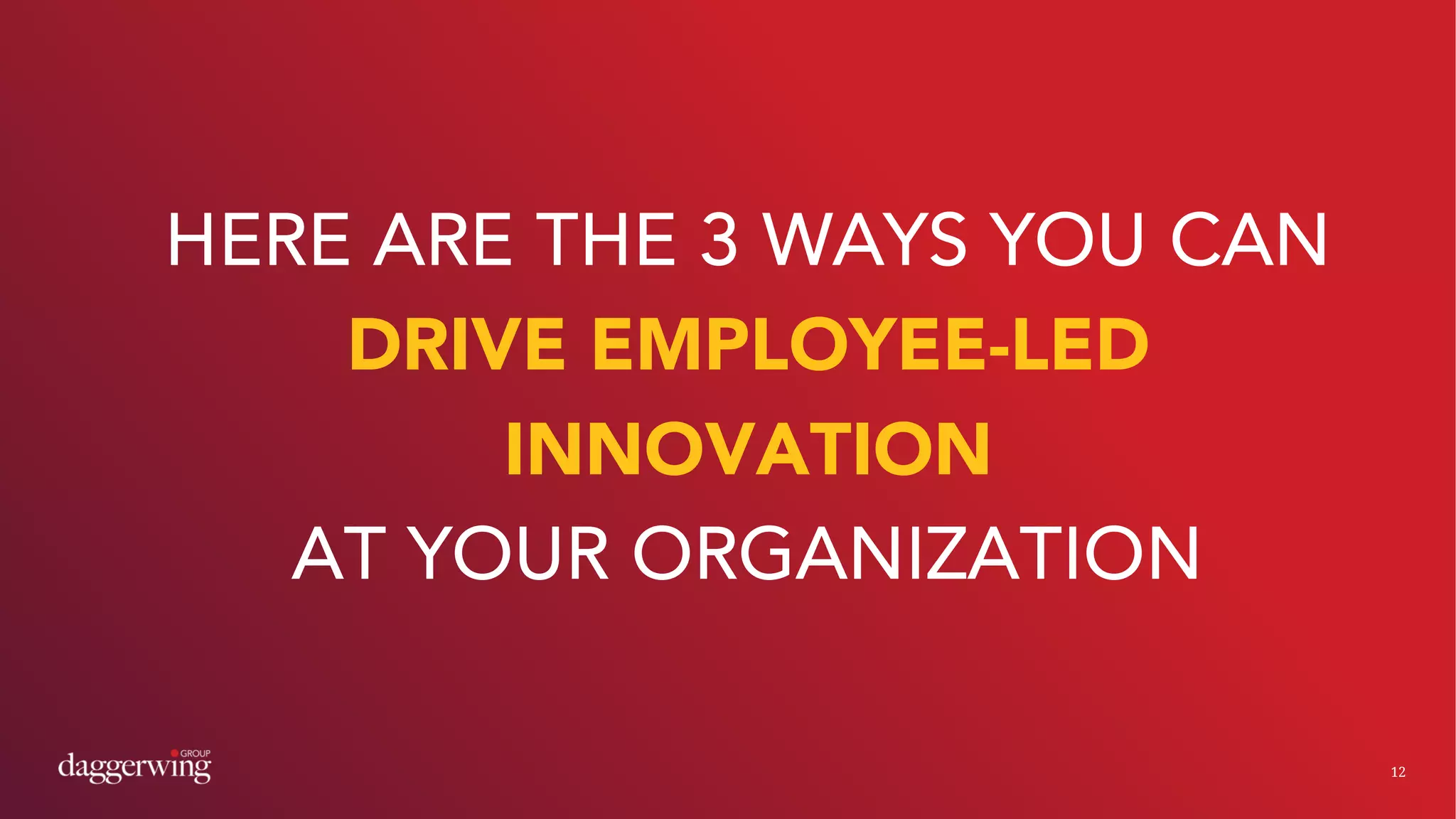 12
HERE ARE THE 3 WAYS YOU CAN
DRIVE EMPLOYEE-LED
INNOVATION
AT YOUR ORGANIZATION
 