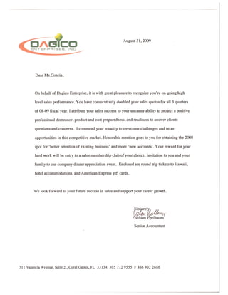 Letter of Recognition by Dagico Enterprises.