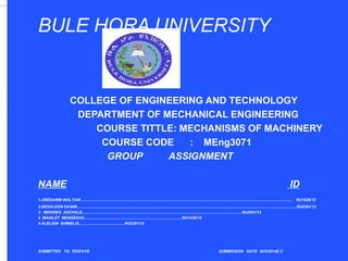 BULE HORA UNIVERSITY
COLLEGE OF ENGINEERING AND TECHNOLOGY
DEPARTMENT OF MECHANICAL ENGINEERING
COURSE TITTLE: MECHANISMS OF MACHINERY
COURSE CODE : MEng3071
GROUP ASSIGNMENT
NAME ID
1.ARESAWM WALTAW .................................................................................................................................................................................................. RU1826/12
2.DESALEGN DAGIM..........................................................................................................................................................................................................RU0361/12
3 . MEKIDES ASCHALE...................................................................................................................................................Ru0581/12
4 MAHILET MENGESHA..........................................................................................RU1439/12
5.ALELIGN SHIMELIS..........................................RU2381/12
SUBMITTED TO TESFAYE SUBMISSION DATE 26/5/2014E.C
 