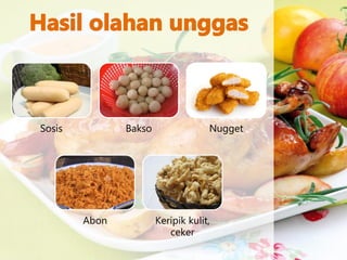 Sosis Bakso Nugget
Abon Keripik kulit,
ceker
 