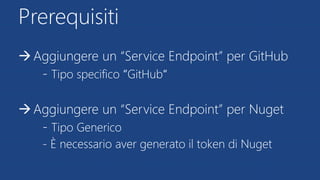 Prerequisiti
Aggiungere un “Service Endpoint” per GitHub
- Tipo specifico “GitHub“
Aggiungere un “Service Endpoint” per Nuget
- Tipo Generico
- È necessario aver generato il token di Nuget
 