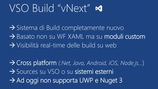 VSO Build “vNext”
Sistema di Build completamente nuovo
Basato non su WF XAML ma su moduli custom
Visibilità real-time delle build su web
Cross platform (.Net, Java, Android, iOS, Node.js…)
Sources su VSO o su sistemi esterni
Ad oggi non supporta UWP e Nuget 3
 