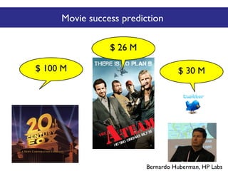 Movie success prediction
$ 26 M
$ 100 M

$ 30 M

?
Bernardo Huberman, HP Labs

 