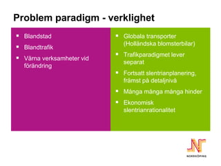 Problem paradigm - verklighet
 Blandstad                 Globala transporter
                              (Holländska blomsterbilar)
 Blandtrafik
 Värna verksamheter vid    Trafikparadigmet lever
                              separat
  förändring
                            Fortsatt slentrianplanering,
                              främst på detaljnivå
                            Många många många hinder
                            Ekonomisk
                              slentrianrationalitet
 