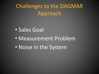 Challenges to the DAGMAR
        Approach

• Sales Goal
• Measurement Problem
• Noise in the System
 