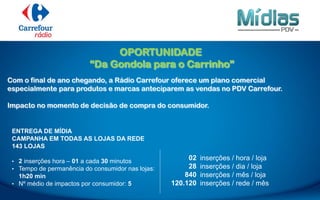 02
28
840
120.120
inserções / hora / loja
inserções / dia / loja
inserções / mês / loja
inserções / rede / mês
ENTREGA DE MÍDIA
CAMPANHA EM TODAS AS LOJAS DA REDE
143 LOJAS
• 2 inserções hora – 01 a cada 30 minutos
• Tempo de permanência do consumidor nas lojas:
1h20 min
• Nº médio de impactos por consumidor: 5
OPORTUNIDADE
“Da Gondola para o Carrinho”
Com o final de ano chegando, a Rádio Carrefour oferece um plano comercial
especialmente para produtos e marcas anteciparem as vendas no PDV Carrefour.
Impacto no momento de decisão de compra do consumidor.
 