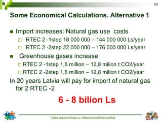 11


Some Economical Calculations. Alternative 1

   Import increases: Natural gas use costs
       RTEC 2 -1step 18 000 000 – 144 000 000 Ls/year
       RTEC 2 -2step 22 000 000 – 176 000 000 Ls/year
    Greenhouse gases increase
     RTEC 2 -1step 1,6 million – 12,8 milion t CO2/year
     RTEC 2 -2step 1,6 million – 12,8 milion t CO2/year

In 20 years Latvia will pay for import of natural gas
  for 2 RTEC -2
                      6 - 8 bilion Ls
                 Vides aizsardzības un siltuma sistēmu institūts
 