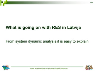 14




What is going on with RES in Latvija


From system dynamic analysis it is easy to explain




              Vides aizsardzības un siltuma sistēmu institūts
 