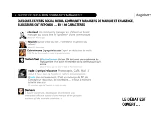 QU’EST CE QU’UN BON COMMUNITY MANAGER ?

QUELQUES EXPERTS SOCIAL MEDIA, COMMUNITY MANAGERS DE MARQUE ET EN AGENCE,
BLOGGEURS ONT RÉPONDU … EN 140 CARACTÈRES 




    « Savoir construire, développer et entretenir une
    interaction efficace autour d'une marque et les groupes
    sociaux qu'elle souhaite atteindre. »
                                                                 LE DÉBAT EST
                                                                 OUVERT…
 