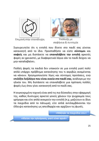 25
Σιγουρευτείτε ότι η εντολή που δίνετε στο παιδί σας γίνεται
κατανοητή από το ίδιο. Προσπαθήστε να είστε σύντομοι και
σαφείς και μη διστάσετε να επαναλάβετε την εντολή αρκετές
φορές αν χρειαστεί, με διαφορετικά λόγια εάν το παιδί δείχνει να
μην καταλαβαίνει.
Πολλές φορές τα παιδιά δεν υπακούν σε μια εντολή γιατί πολύ
απλά υπάρχει πρόβλημα κατανόησης του τι ακριβώς αναμένεται
να κάνουν. Χρησιμοποιείστε λίγες και σύντομες προτάσεις, ενώ
επιλέξτε λεξιλόγιο που είναι οικείο στο παιδί σας, ανάλογα με την
ηλικία του. Μη διστάσετε να επαναλάβετε μια πρόταση πολλές
φορές έως ότου γίνει κατανοητή από το παιδί σας.
Η συγκεκριμένη τεχνική είναι από τις πιο δύσκολες στην εφαρμογή
της, καθώς δυστυχώς αρκετοί γονείς χάνουν την ψυχραιμία τους
γρήγορα και είτε απλά αναιρούν την εντολή (π.χ. μαζεύουν οι ίδιοι
τα παιχνίδια από το πάτωμα), είτε απλά αντιλαμβάνονται την
έλλειψη κατανόησης ως απειθαρχία και αρχίζουν τις φωνές.
«Μάζεψε τα παιχνίδια σου»
«Κλείσε την τηλεόραση, γιατί είναι αργά»
 