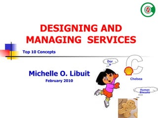 DESIGNING AND MANAGING  SERVICES Michelle O. Libuit February 2010 Top 10 Concepts Chelsea C Human Biscuits Dora 