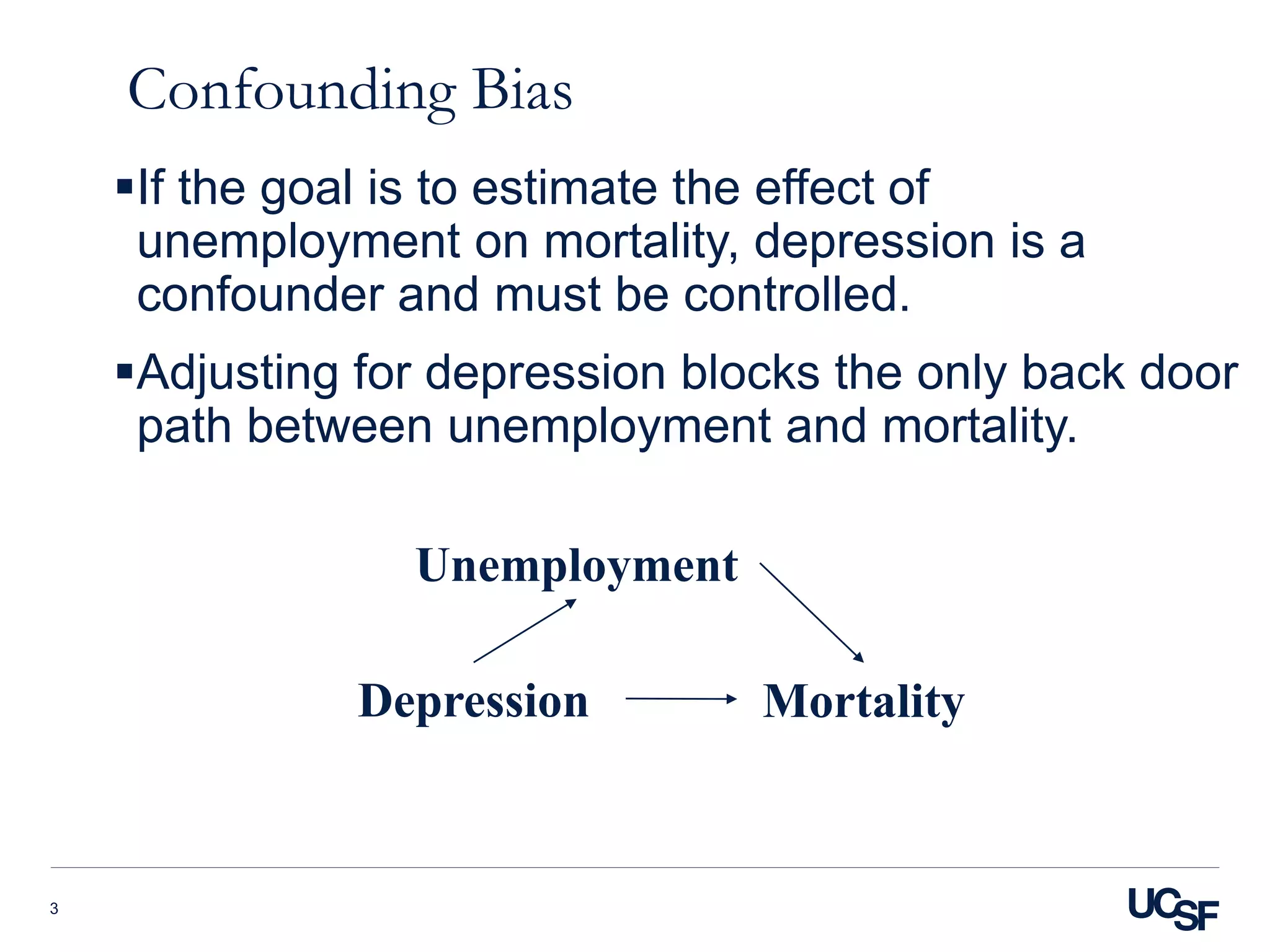 Confounding Bias
If the goal is to estimate the effect of
unemployment on mortality, depression is a
confounder and must be controlled.
Adjusting for depression blocks the only back door
path between unemployment and mortality.
3
Depression Mortality
Unemployment
 