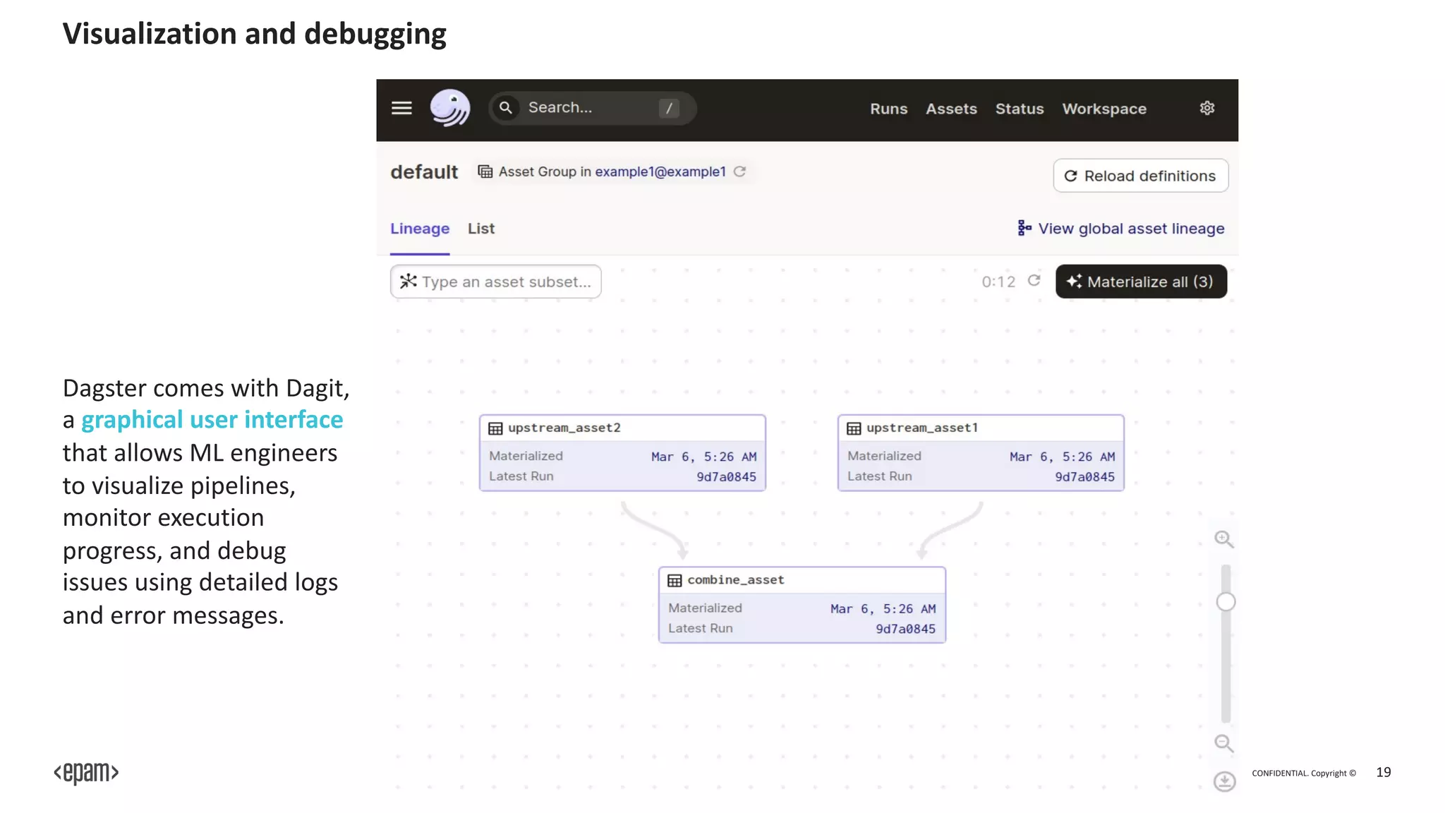 CONFIDENTIAL. Copyright © 19
Visualization and debugging
Dagster comes with Dagit,
a graphical user interface
that allows ML engineers
to visualize pipelines,
monitor execution
progress, and debug
issues using detailed logs
and error messages.
 