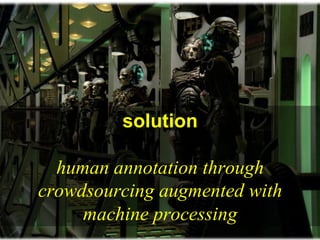 solution
human annotation through
crowdsourcing augmented with
machine processing
 