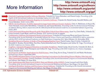 14Yolanda GilUSC Information Sciences Institute gil@isi.edu
More Information
http://www.ontosoft.org
http://www.ontosoft.org/software
http://www.ontosoft.org/portal
http://www.ontosoft.org/gpf
 OntoSoft: Capturing Scientific Software Metadata. Yolanda Gil, Varun Ratnakar, and Daniel Garijo. Proceedings of the
Eighth ACM International Conference on Knowledge Capture (K-CAP), 2015.
 OntoSoft: A Distributed Semantic Registry for Scientific Software. Yolanda Gil, Daniel Garijo, Saurabh Mishra, and
Varun Ratnakar. Under review, 2016.
 DRAT: An Unobtrusive, Scalable Approach to Large Scale Software License Analysis. Chris A. Mattmann, Ji-Hyun Oh,
Tyler Palsulich, Lewis John McGibbney, Yolanda Gil, and Varun Ratnakar. Proceedings of the Fourth International Workshop
on Software Mining, held in conjunction with the 30th IEEE/ACM International Conference on Automated Software Engineering
(ASE), 2015.
 Cyber-Innovated Watershed Research at the Shale Hills Critical Zone Observatory. Xuan Yu, Chris Duffy, Yolanda Gil,
Lorne Leonard, Gopal Bhatt, and Evan Thomas. IEEE Systems Journal, to appear.
 Collaborative Software Development Needs in Geosciences. Yolanda Gil, Eunyoung Moon and James Howison.
Proceedings of the Second Workshop on Sustainable Software for Science: Practice and Experiences (WSSSPE2), held in conjunction
with the IEEE ACM International Conference on High Performance Computing (SC), New Orleans, LA, November 2014.
 Workflow Reuse in Practice: A Study of Neuroimaging Pipeline Users. Daniel Garijo, Oscar Corcho, Yolanda Gil,
Meredith N. Braskie, Derrek Hibar, Xue Hua, Neda Jahanshad and, Paul Thompson and Arthur W. Toga. Proceedings of
the IEEE Conference on e-Science, 2014.
 FragFlow: Automated Fragment Detection in Scientific Workflows. Daniel Garijo, Oscar Corcho, Yolanda Gil, Boris A.
Gutman, Ivo D. Dinov, Paul Thompson and Arthur W. Toga. Proceedings of the IEEE Conference on e-Science, Guarujua,
Brazil, October 2014.
 An Overview of Mobile Applications for Field Science. Anna Zeng, Kevin Zeng, Yolanda Gil, and Matty Mookerjee.
GeoSoft Project Report, September 2014.
 The CSDMS Standard Names: Cross-Domain Naming Conventions for Describing Process Models, Data Sets and
Their Associated Variables. Scott D. Peckham. Proceedings of the Seventh International Congress on Environmental Modeling
and Software, San Diego, CA, June 2014.
 Web Applications that Share Level-12 HUC Data and Models of the CONUS. Lorne Leonard and Chris Duffy.
Proceedings of the Seventh International Congress on Environmental Modeling and Software, San Diego, CA, June 2014.
 Intelligent Workflow Systems and Provenance-Aware Software. Yolanda Gil. Proceedings of the Seventh International
Congress on Environmental Modeling and Software, San Diego, CA, June 2014.
 