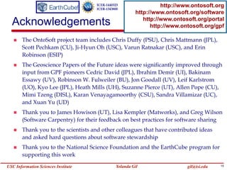 15Yolanda GilUSC Information Sciences Institute gil@isi.edu
Acknowledgements
 The OntoSoft project team includes Chris Duffy (PSU), Chris Mattmann (JPL),
Scott Pechkam (CU), Ji-Hyun Oh (USC), Varun Ratnakar (USC), and Erin
Robinson (ESIP)
 The Geoscience Papers of the Future ideas were significantly improved through
input from GPF pioneers Cedric David (JPL), Ibrahim Demir (UI), Bakinam
Essawy (UV), Robinson W. Fulweiler (BU), Jon Goodall (UV), Leif Karlstrom
(UO), Kyo Lee (JPL), Heath Mills (UH), Suzanne Pierce (UT), Allen Pope (CU),
Mimi Tzeng (DISL), Karan Venayagamoorthy (CSU), Sandra Villamizar (UC),
and Xuan Yu (UD)
 Thank you to James Howison (UT), Lisa Kempler (Matworks), and Greg Wilson
(Software Carpentry) for their feedback on best practices for software sharing
 Thank you to the scientists and other colleagues that have contributed ideas
and asked hard questions about software stewardship
 Thank you to the National Science Foundation and the EarthCube program for
supporting this work
EarthCube!
ICER-1440323
ICER-1343800
http://www.ontosoft.org
http://www.ontosoft.org/software
http://www.ontosoft.org/portal
http://www.ontosoft.org/gpf
 