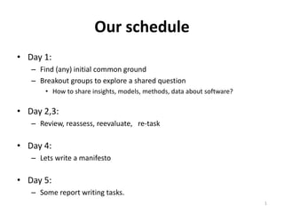 Our schedule
• Day 1:
– Find (any) initial common ground
– Breakout groups to explore a shared question
• How to share insights, models, methods, data about software?
• Day 2,3:
– Review, reassess, reevaluate, re-task
• Day 4:
– Lets write a manifesto
• Day 5:
– Some report writing tasks.
1
 