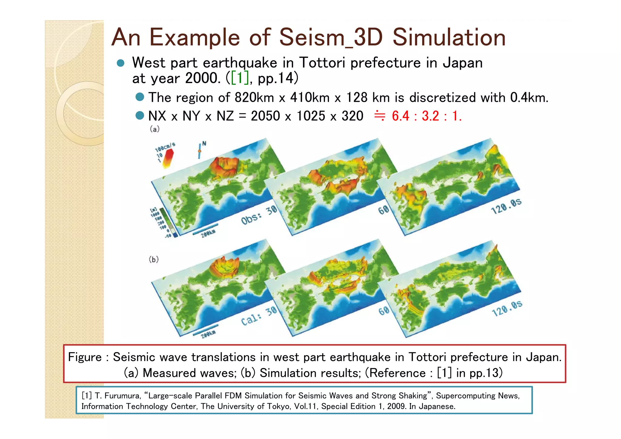 An Example of Seism_3D Simulation
 West part earthquake in Tottori prefecture in Japan
at year 2000. ([1], pp.14)
 The region of 820km x 410km x 128 km is discretized with 0.4km.
 NX x NY x NZ = 2050 x 1025 x 320 ≒ 6.4 : 3.2 : 1.
[1] T. Furumura, “Large-scale Parallel FDM Simulation for Seismic Waves and Strong Shaking”, Supercomputing News,
Information Technology Center, The University of Tokyo, Vol.11, Special Edition 1, 2009. In Japanese.
Figure : Seismic wave translations in west part earthquake in Tottori prefecture in Japan.
(a) Measured waves; (b) Simulation results; (Reference : [1] in pp.13)
 