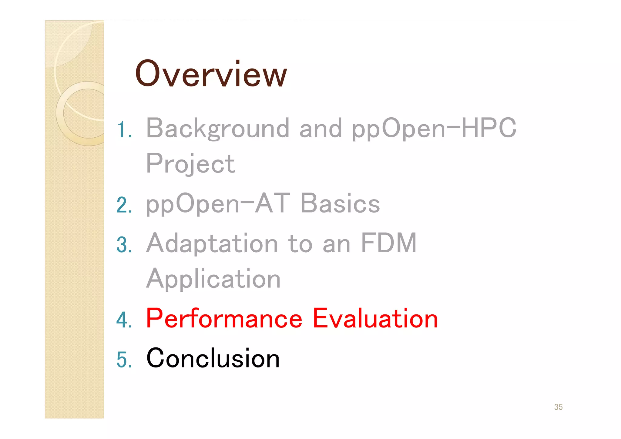 Overview
1. Background and ppOpen-HPC
Project
2. ppOpen-AT Basics
3. Adaptation to an FDM
Application
4. Performance Evaluation
5. Conclusion
35
 