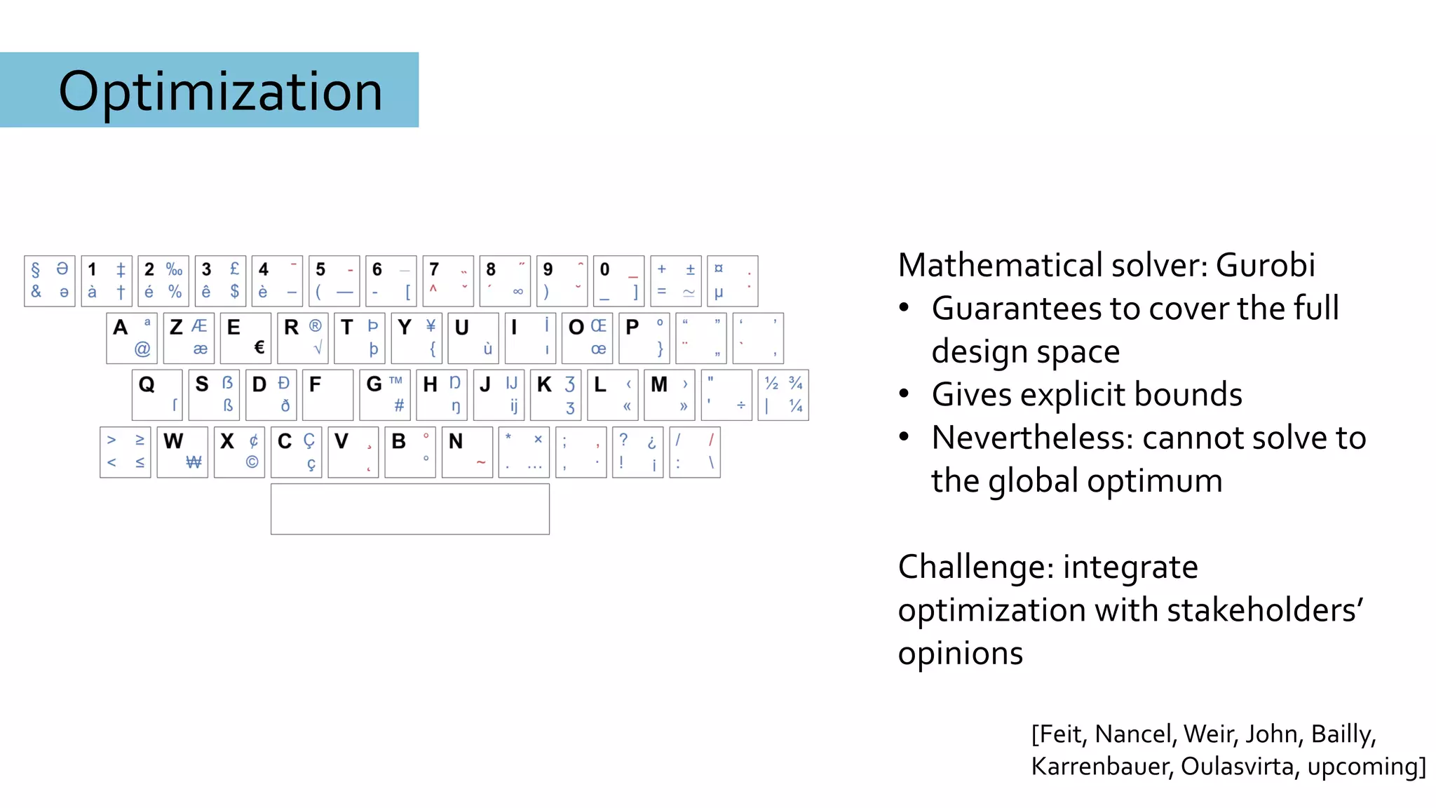 Optimization
[Feit, Nancel,Weir, John, Bailly,
Karrenbauer, Oulasvirta, upcoming]
Mathematical solver: Gurobi
• Guarantees to cover the full
design space
• Gives explicit bounds
• Nevertheless: cannot solve to
the global optimum
Challenge: integrate
optimization with stakeholders’
opinions
 