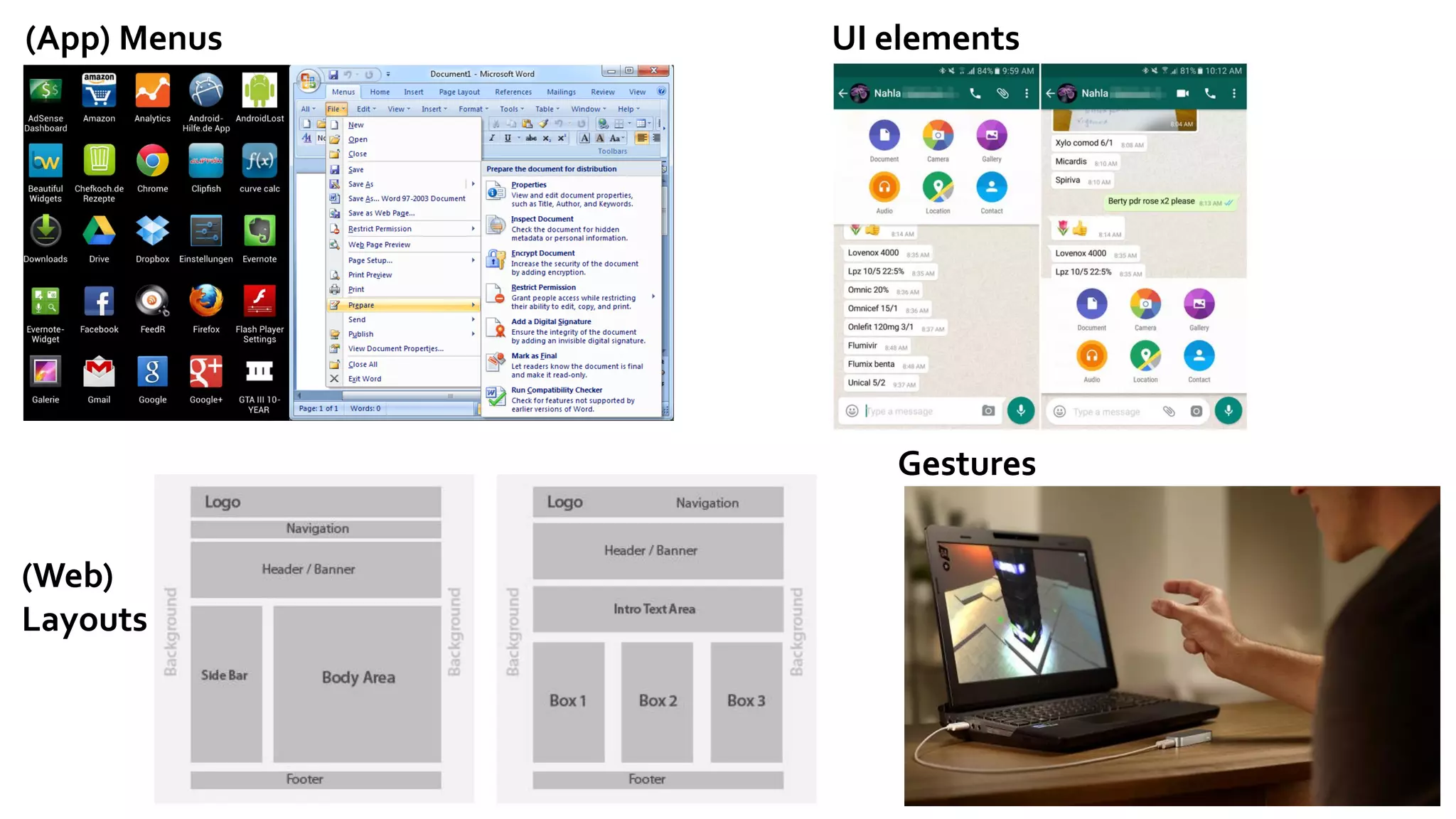 (App) Menus
(Web)
Layouts
UI elements
Gestures
 