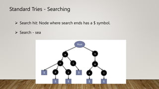 Standard Tries - Searching
 Search hit: Node where search ends has a $ symbol.
 Search - sea
 