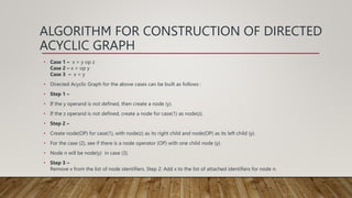 ALGORITHM FOR CONSTRUCTION OF DIRECTED
ACYCLIC GRAPH
• Case 1 – x = y op z
Case 2 – x = op y
Case 3 – x = y
• Directed Acyclic Graph for the above cases can be built as follows :
• Step 1 –
• If the y operand is not defined, then create a node (y).
• If the z operand is not defined, create a node for case(1) as node(z).
• Step 2 –
• Create node(OP) for case(1), with node(z) as its right child and node(OP) as its left child (y).
• For the case (2), see if there is a node operator (OP) with one child node (y).
• Node n will be node(y) in case (3).
• Step 3 –
Remove x from the list of node identifiers. Step 2: Add x to the list of attached identifiers for node n.
 