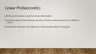 Linear Probe(contd.)
 If the current location is used, Try the next table location.
 Used less memory than chaining as one does not have to store all those link (i.e. address of
others).
 Slower than chaining as one might have to walk along the table for a long time.
 