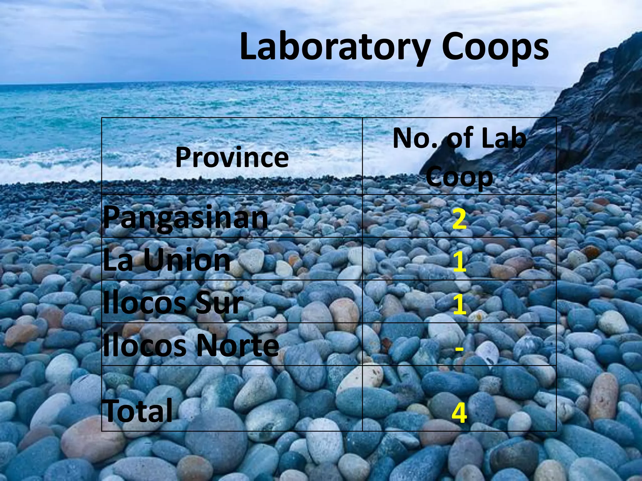 Laboratory Coops
Province
No. of Lab
Coop
Pangasinan 2
La Union 1
Ilocos Sur 1
Ilocos Norte -
Total 4
 