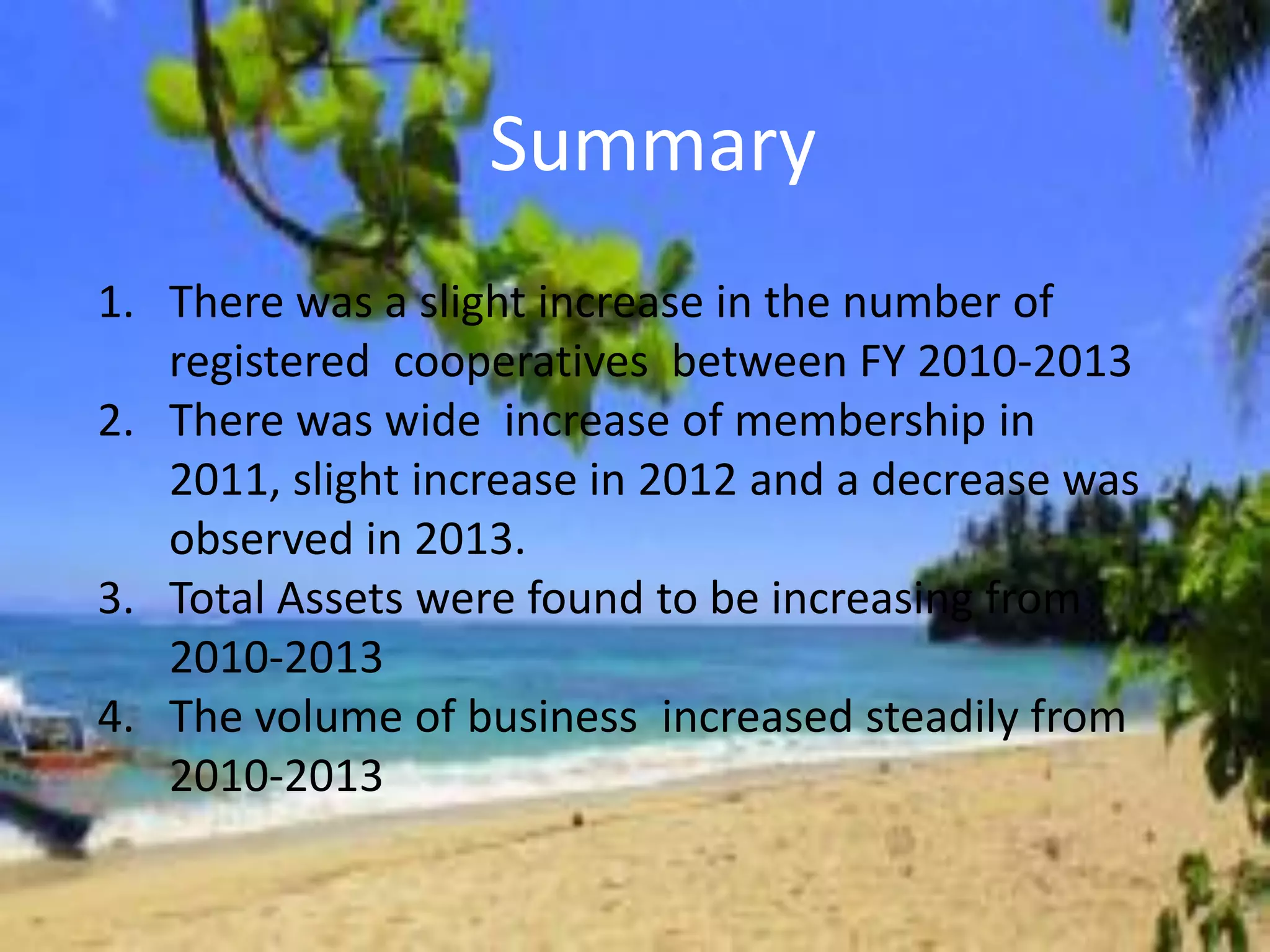 Summary
1. There was a slight increase in the number of
registered cooperatives between FY 2010-2013
2. There was wide increase of membership in
2011, slight increase in 2012 and a decrease was
observed in 2013.
3. Total Assets were found to be increasing from
2010-2013
4. The volume of business increased steadily from
2010-2013
 