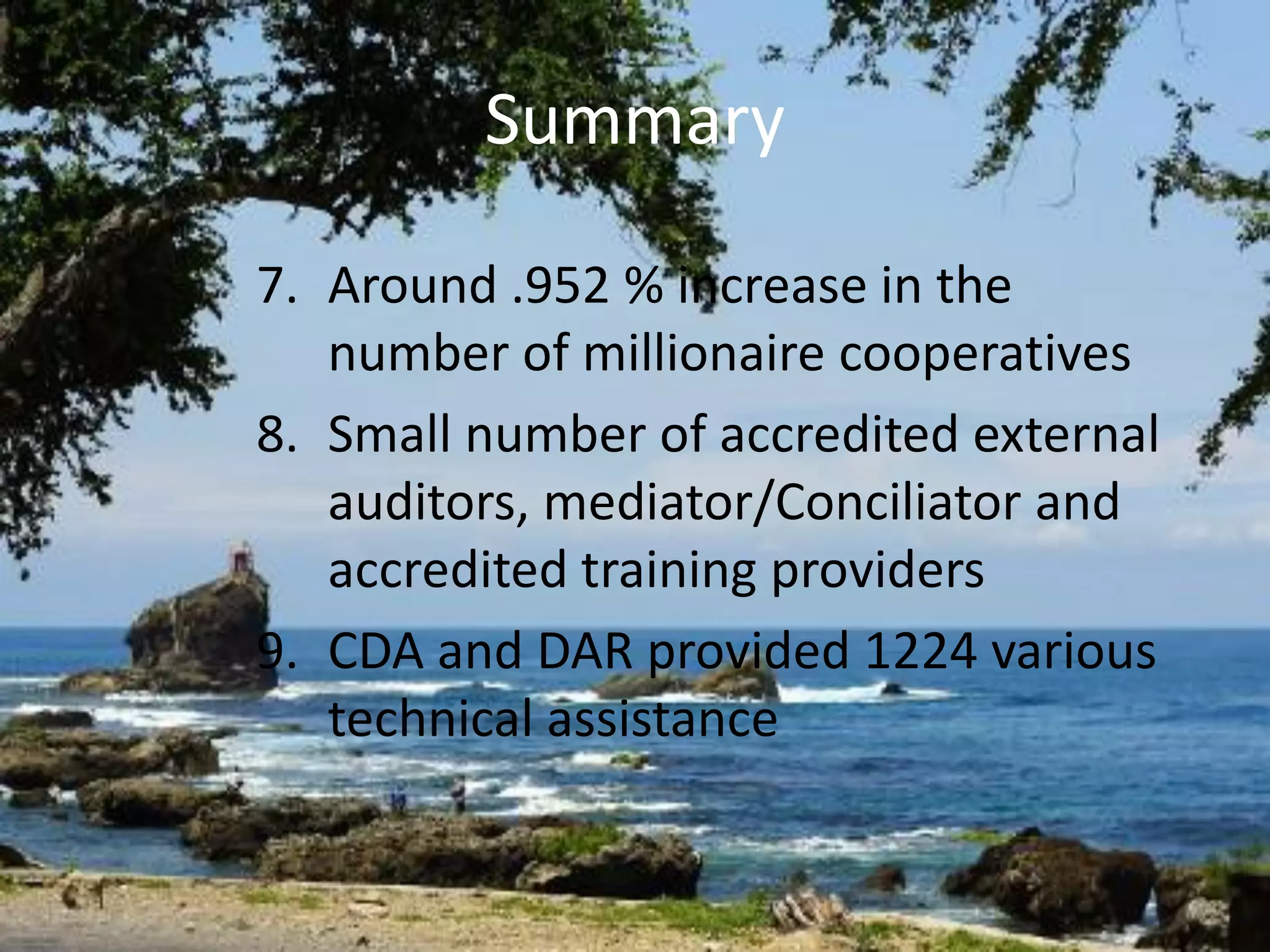 Summary
7. Around .952 % increase in the
number of millionaire cooperatives
8. Small number of accredited external
auditors, mediator/Conciliator and
accredited training providers
9. CDA and DAR provided 1224 various
technical assistance
 