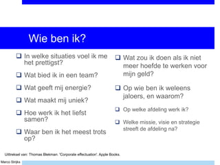 Marco Strijks
Wie ben ik?
 In welke situaties voel ik me
het prettigst?
 Wat bied ik in een team?
 Wat geeft mij energie?
 Wat maakt mij uniek?
 Hoe werk ik het liefst
samen?
 Waar ben ik het meest trots
op?
 Wat zou ik doen als ik niet
meer hoefde te werken voor
mijn geld?
 Op wie ben ik weleens
jaloers, en waarom?
 Op welke afdeling werk ik?
 Welke missie, visie en strategie
streeft de afdeling na?
Uittreksel van: Thomas Blekman. 'Corporate effectuation'. Apple Books.
 