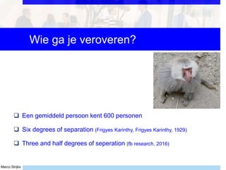 Marco Strijks
Wie ga je veroveren?
 Een gemiddeld persoon kent 600 personen
 Six degrees of separation (Frigyes Karinthy, Frigyes Karinthy, 1929)
 Three and half degrees of seperation (fb research, 2016)
 