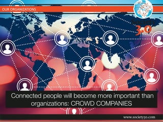 OUR	
  ORGANIZATIONS
Connected people will become more important than
organizations: CROWD COMPANIES
 