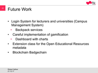 2323
Future Work
•  Login System for lecturers and universities (Campus
Management System)
•  Backpack services
•  Careful...